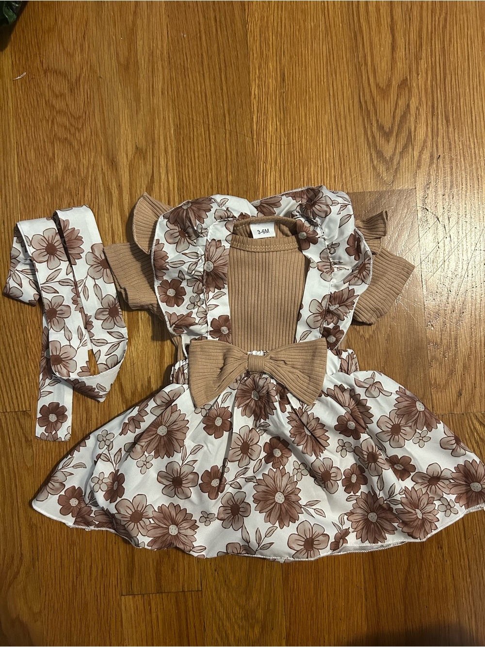 Girls' Brown Floral Dress with Bow and Matching Headband